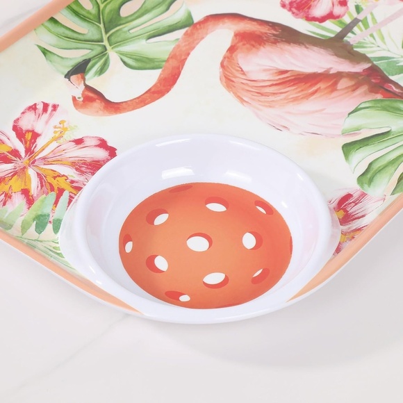 Flamingo Melamine Chip and Dip Tray, Tropical Floral Pickleball Paddle design. - Picture 2 of 9